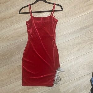 Sexy Red Velvet Mini Dress with Fringe